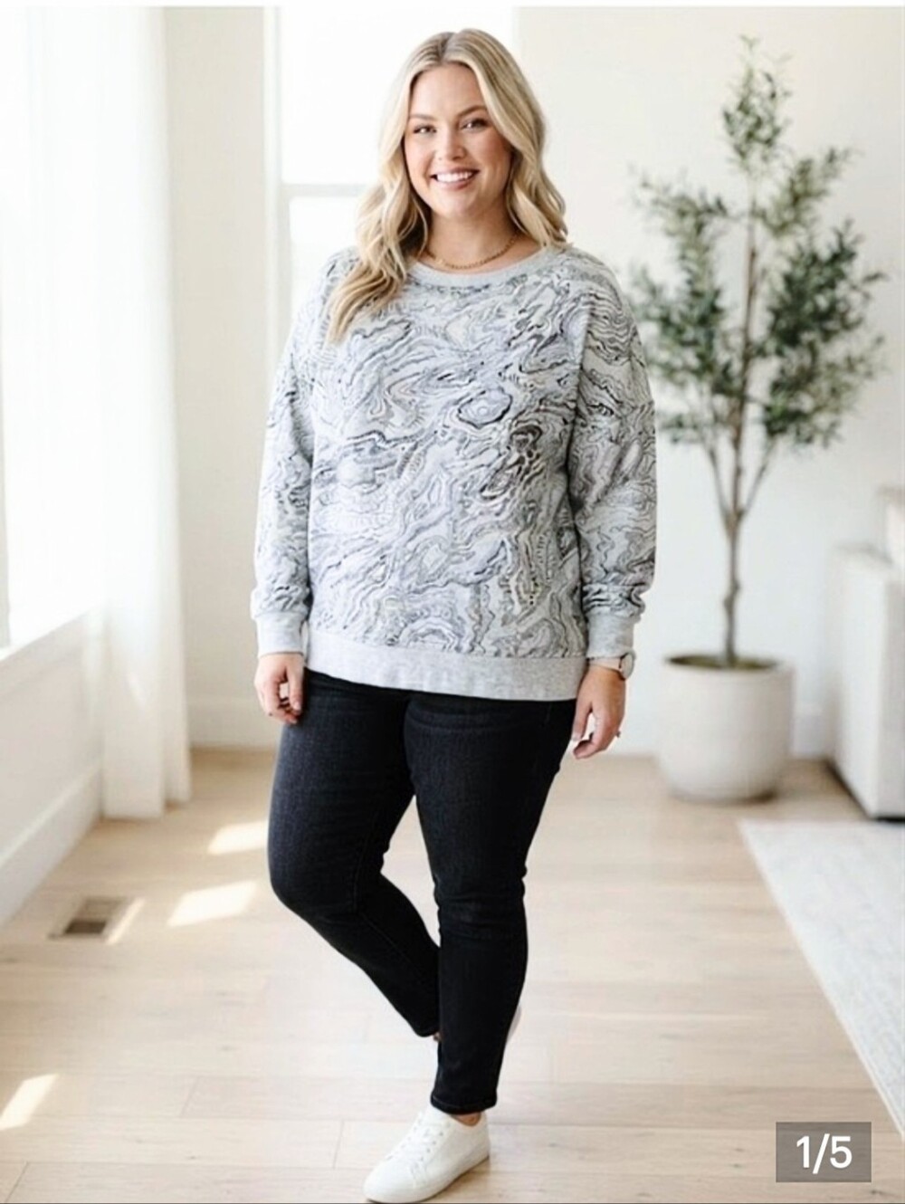 Addition Elle Gray Marbled-Print Scoop Neck Sweatshirt Plus Size 2X